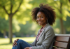 Femme africaine élégante assise sur un banc en parc