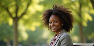 Femme africaine élégante assise sur un banc en parc