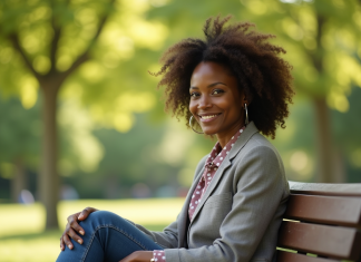 Femme africaine élégante assise sur un banc en parc