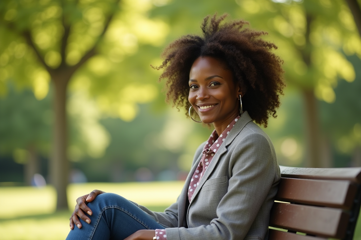 Femme africaine élégante assise sur un banc en parc
