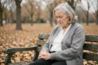 Femme âgée pensive assise seule sur un banc dans un parc en automne, illustrant la tristesse et la méditation intérieure