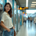 Retirer sans frais au Japon: astuces et conseils pour économiser en voyage Jeune femme souriante retire de l'argent à un ATM à Tokyo