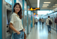 Retirer sans frais au Japon: astuces et conseils pour économiser en voyage Jeune femme souriante retire de l'argent à un ATM à Tokyo