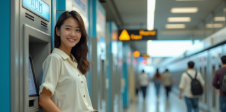 Retirer sans frais au Japon: astuces et conseils pour économiser en voyage Jeune femme souriante retire de l'argent à un ATM à Tokyo