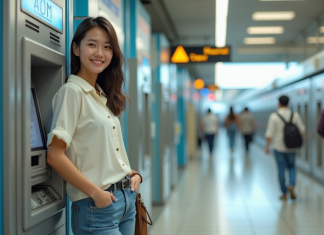 Retirer sans frais au Japon: astuces et conseils pour économiser en voyage Jeune femme souriante retire de l'argent à un ATM à Tokyo