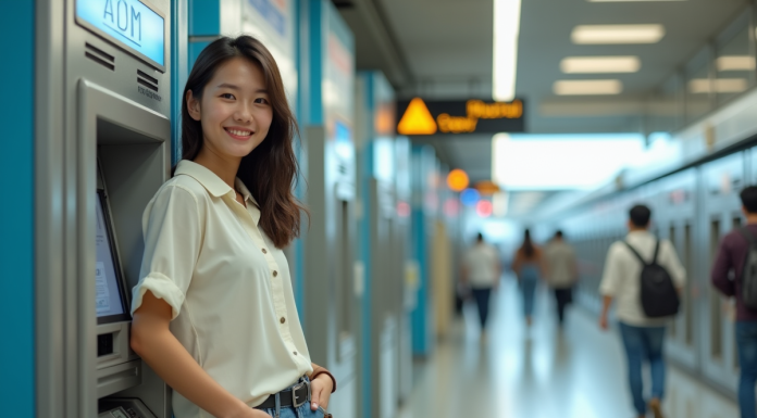 Jeune femme souriante retire de l'argent à un ATM à Tokyo
