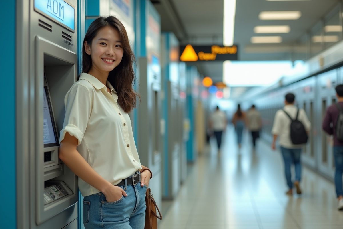 Jeune femme souriante retire de l'argent à un ATM à Tokyo