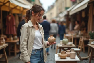 Femme parcourant une braderie en plein air un dimanche matin, inspectant un vase vintage sur un marché aux puces animé dans une place de village française