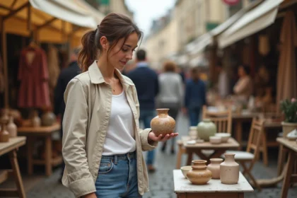 Femme parcourant une braderie en plein air un dimanche matin, inspectant un vase vintage sur un marché aux puces animé dans une place de village française