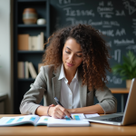 Femme en bureau analysant un notebook avec graphiques colorés