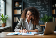 Femme en bureau analysant un notebook avec graphiques colorés