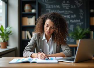 Rôle de la température dans un LLM : importance et fonctionnement Femme en bureau analysant un notebook avec graphiques colorés