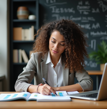 Femme en bureau analysant un notebook avec graphiques colorés