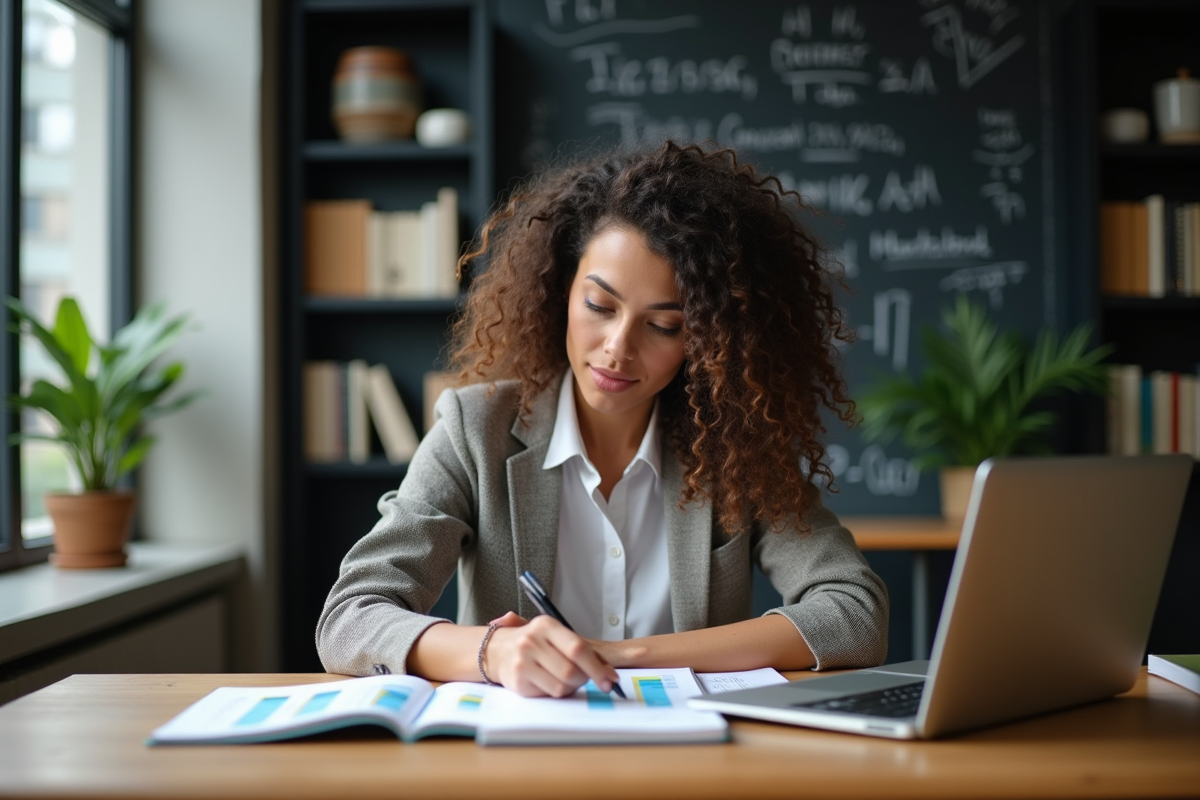 Femme en bureau analysant un notebook avec graphiques colorés