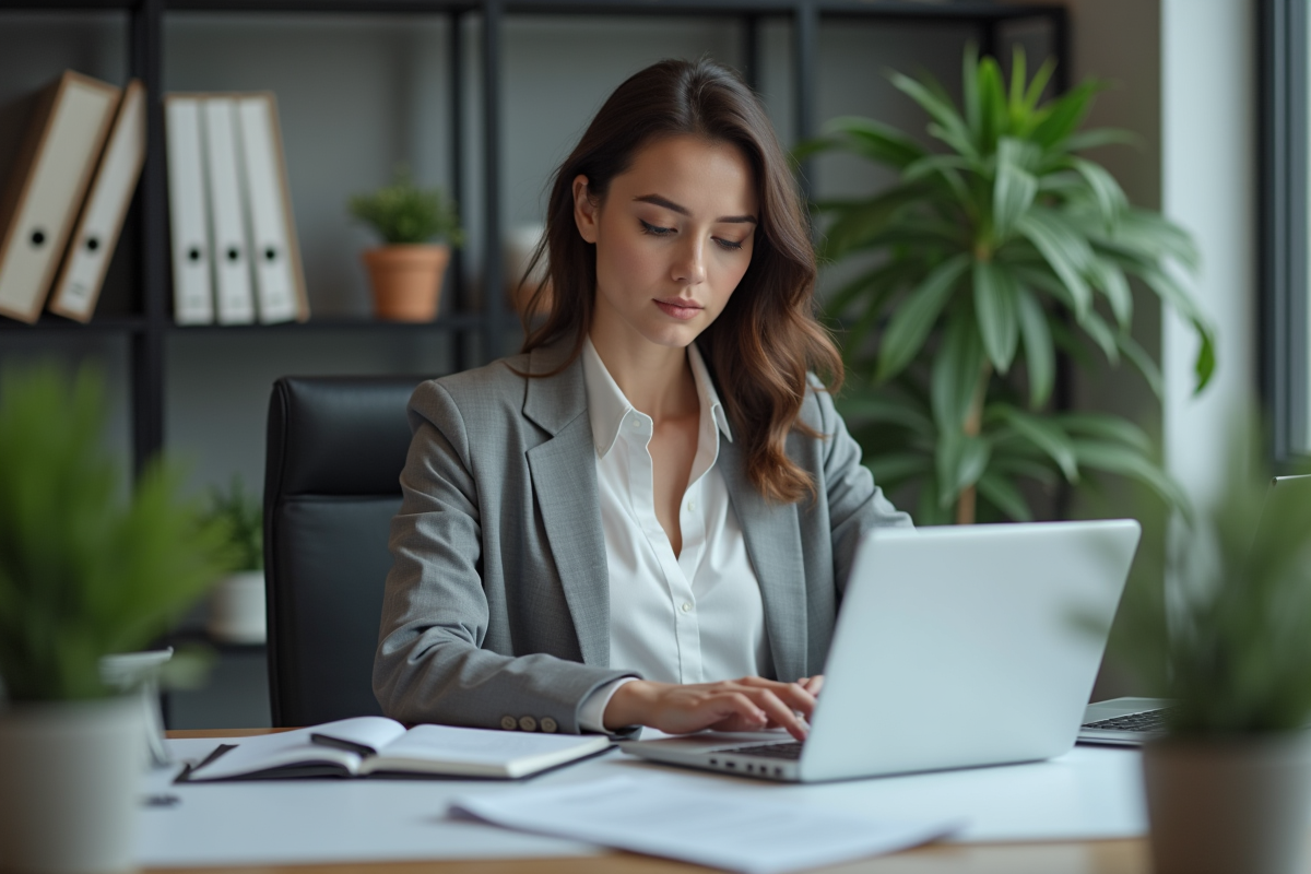 Femme en tenue professionnelle travaillant sur son ordinateur dans un bureau