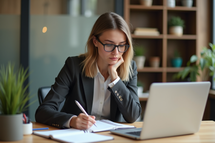 Jeune femme au bureau vérifiant sa liste de tâches