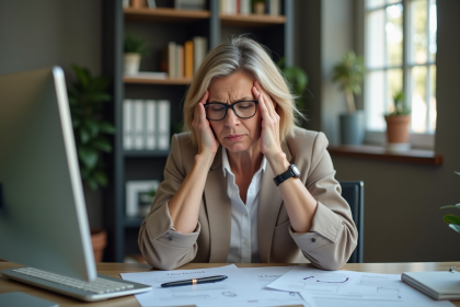 Femme d'âge moyen en bureau à la maison stressée