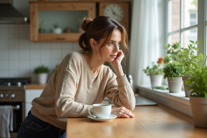 Femme en sweater beige regardant son café à la maison