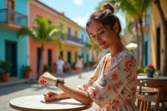 Jeune femme à PointeàPitre vérifiant sa montre dans un café