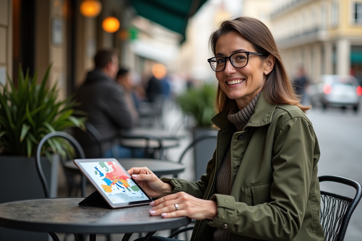 Femme lisant une carte sur une tablette dans un café en plein air