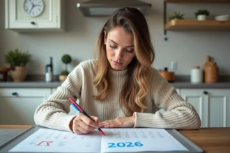 Jeune femme concentrée sur un calendrier 2026 dans la cuisine