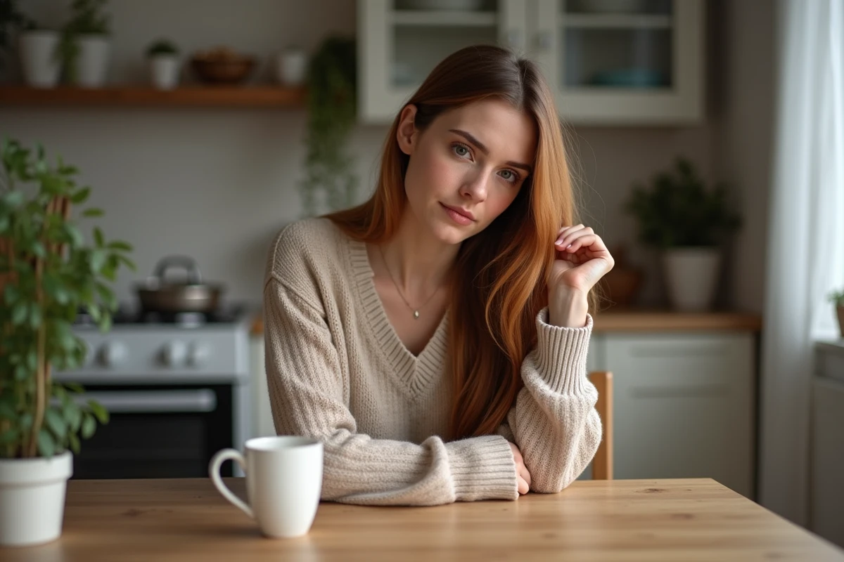 Femme examinant ses cheveux avec des pointes abîmées