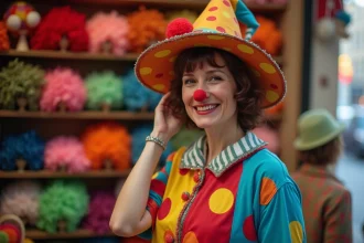 Femme déguisée en clown essayant un chapeau à Paris