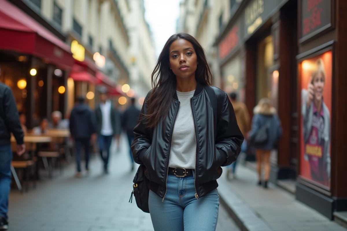 Jeune femme comedienne noire marche dans une rue parisienne