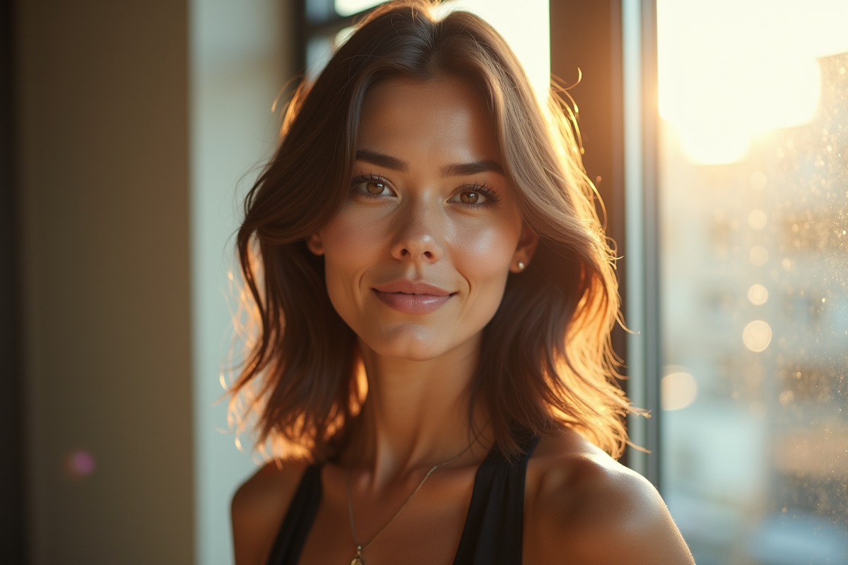 Femme confiante près d'une fenêtre en lumière naturelle