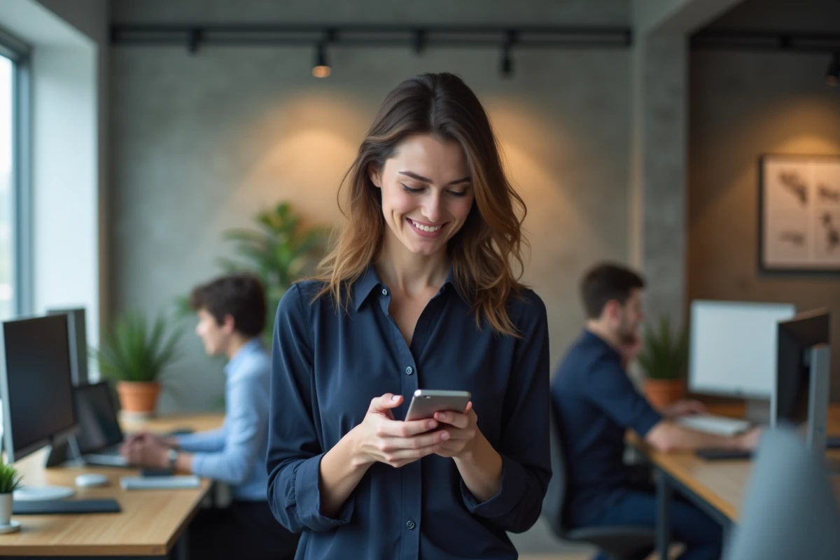 Femme dans coworking regardant son smartphone