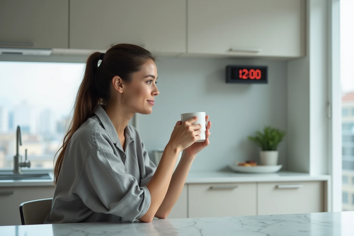 Jeune femme dans une cuisine moderne tenant un café et regardant une horloge numérique affichant 12h00 PM en journée