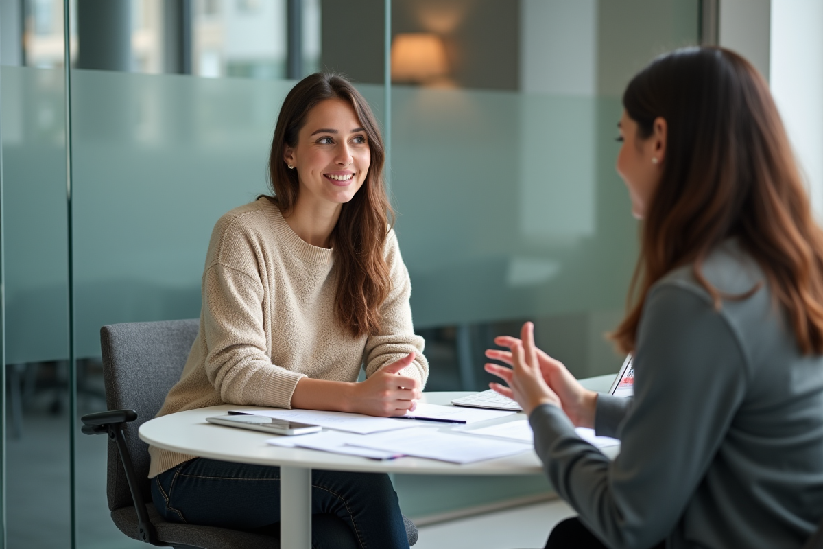 Femme discutant de documents avec un conseiller dans un bureau contemporain