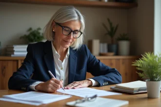 Femme remplissant un formulaire de don chez elle