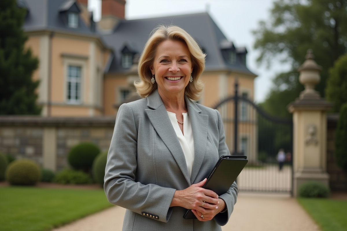 Femme élégante devant un manoir en campagne française