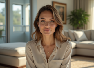 Femme élégante dans un salon lumineux et cosy