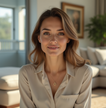 Femme élégante dans un salon lumineux et cosy