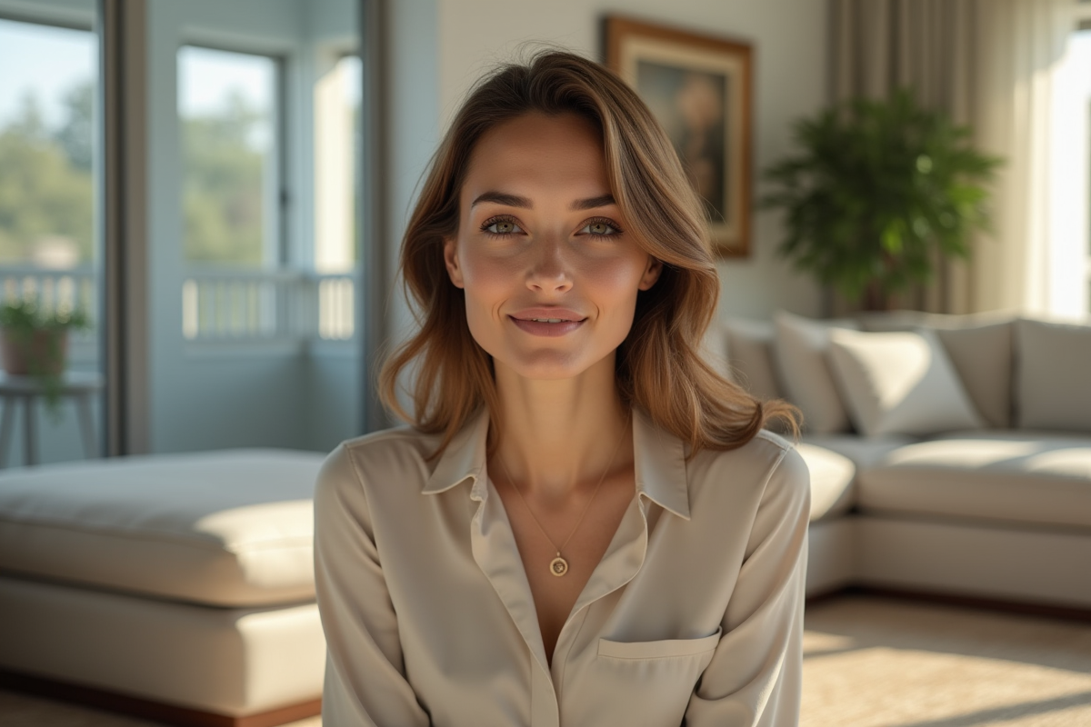 Femme élégante dans un salon lumineux et cosy