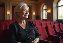 Femme élégante assise dans un hall de théâtre lumineux