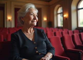 Femme élégante assise dans un hall de théâtre lumineux