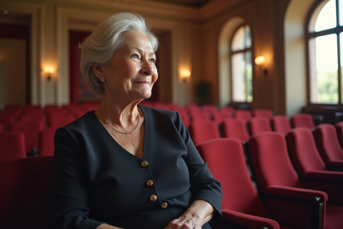Femme élégante assise dans un hall de théâtre lumineux