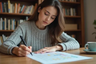 Femme concentrée résolvant une énigme de QI sur papier à son bureau à domicile