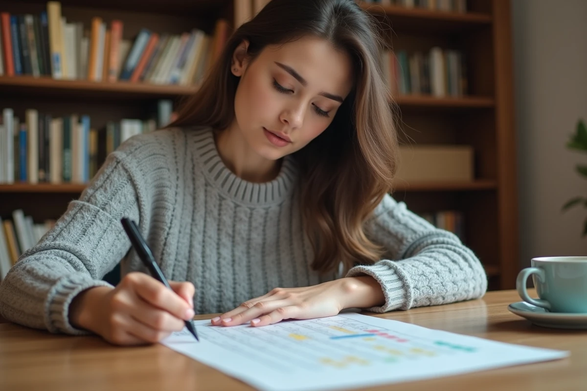 Femme concentrée résolvant une énigme de QI sur papier à son bureau à domicile