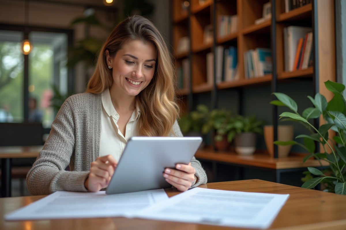 Femme entrepreneure examinant propositions d