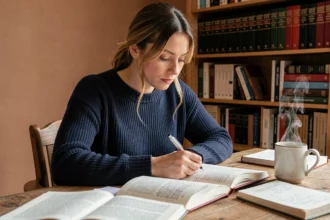 Femme étudiant les règles de grammaire française avec des livres ouverts sur un bureau en bois