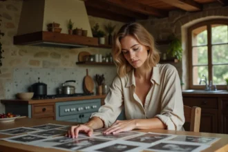 Femme étudiant de vieilles photographies de famille dans une cuisine de campagne française, évoquant la recherche des origines familiales