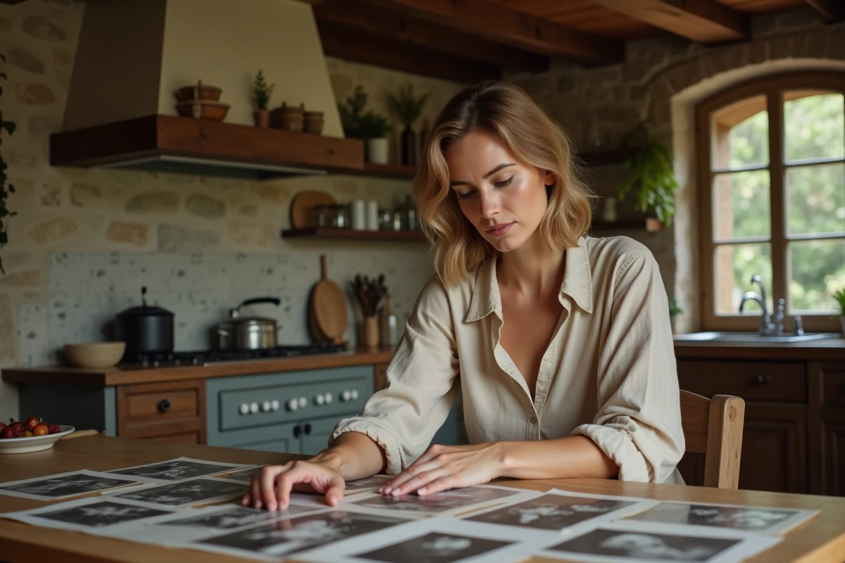 Femme étudiant de vieilles photographies de famille dans une cuisine de campagne française, évoquant la recherche des origines familiales