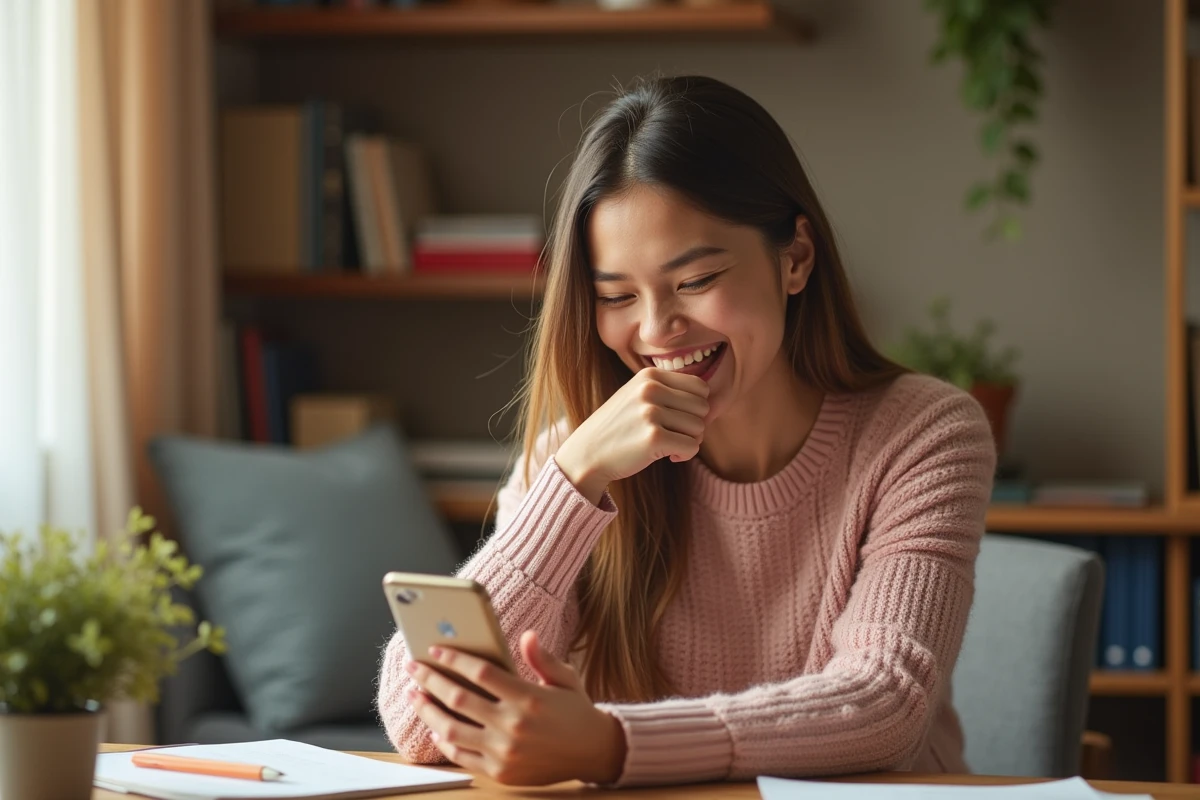 Femme souriante regardant un gif anniversaire rigolo sur son smartphone dans un bureau à domicile chaleureux