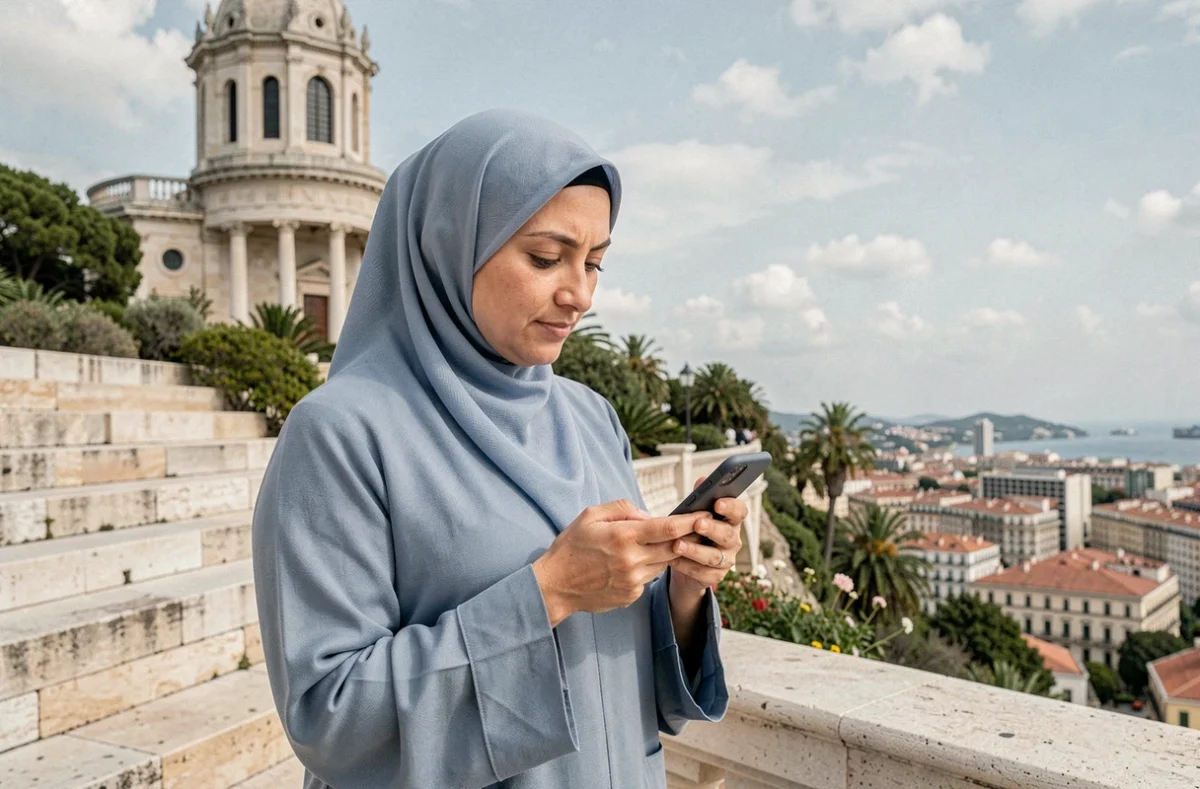 Femme en hijab vérifiant les horaires de prière sur smartphone à Marseille près de Notre-Dame de la Garde