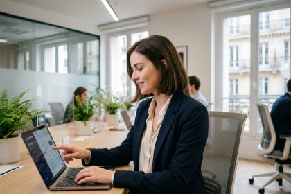 Jeune femme française travaillant avec une IA dans un bureau moderne