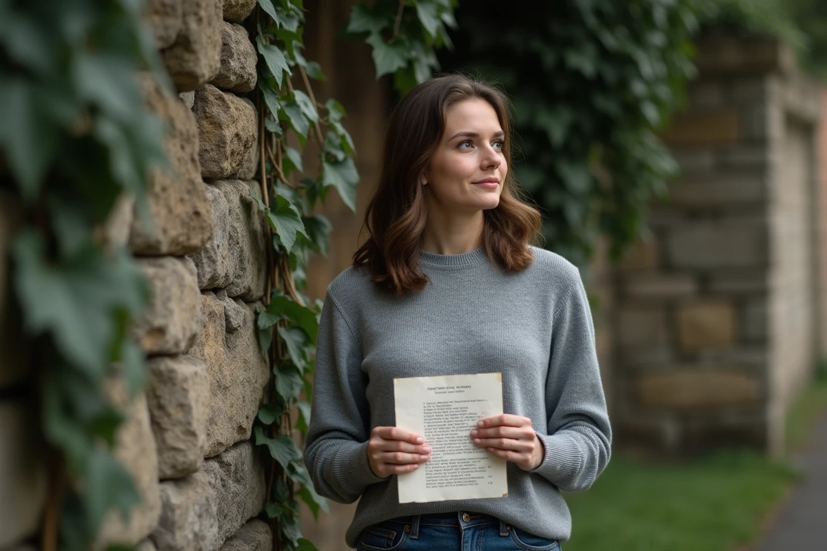 Femme regardant au loin avec paroles de chanson à la main